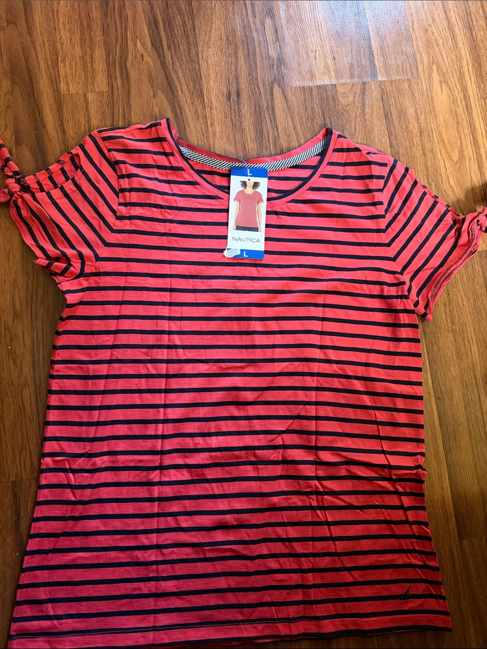 Nautica Coral Pink and Navy Stripe Short Sleeve Top